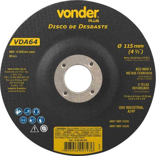 Disco Desbaste 115mm X 6,4mm X 22,2mm - Vonder