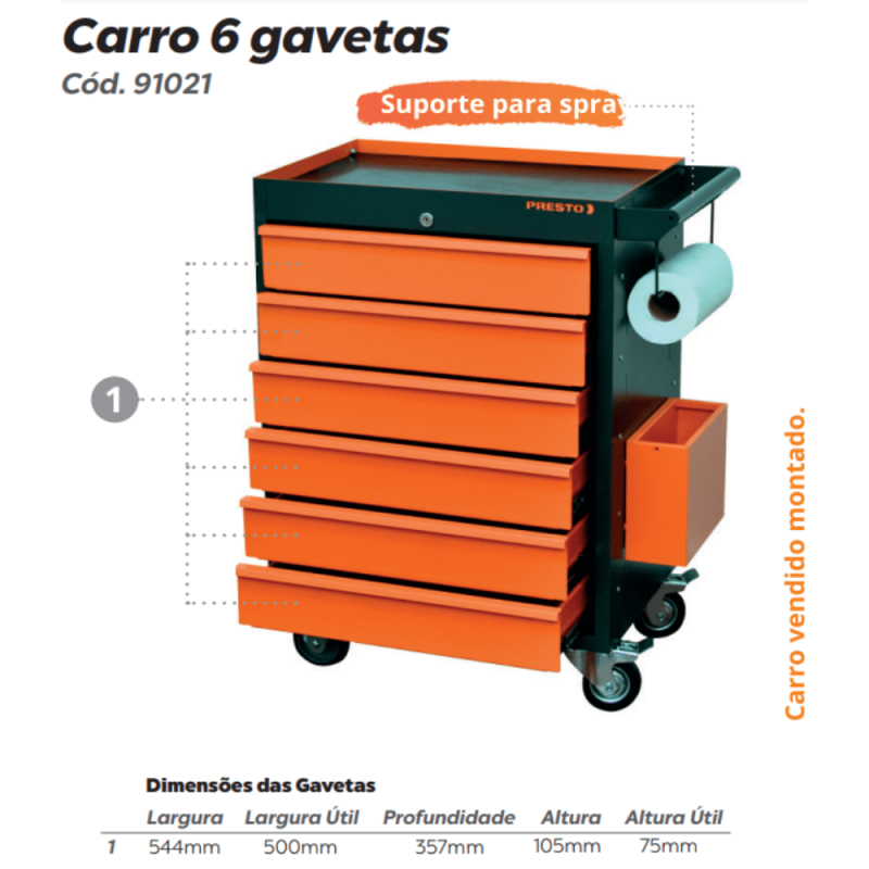 Carro Para Ferramentas Profissional 5 Gavetas - Presto